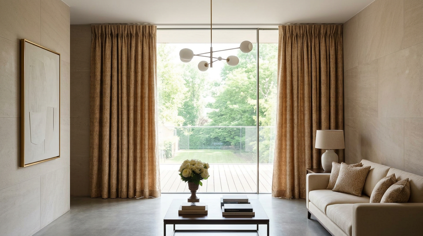Elegant patterned curtains in a Dorset country drawing room